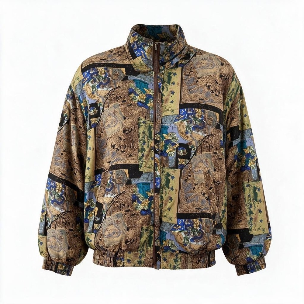 Fuda International Bomber Jacket Womens L Brown Silk Abstract Print Vintage 3058